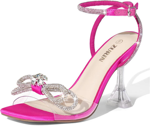 Women'S Rhinestone Bow Heels Square Toe Clear Heeled Sandals 