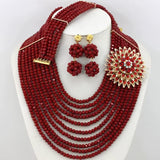 Perfect Red African Crystal Beads Jewelry Set Nigerian Beads African Lace Fabric Wedding Jewelry Set