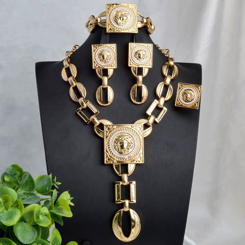 Jewelry Sets for Women 18K Gold Color African Jewellery Chain Necklace Bracelet Earrings Ring Wedding Party Lady Gift