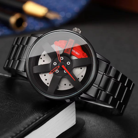 2PCS Fashion Men Sports Watches 3D Car Wheel Stainless Steel Band Wrist Watch Men'S Quartz Watch Bracelet Set（Without Box）