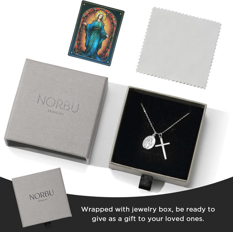 925 Sterling Silver Cross Necklace for Women with Miraculous Medal, 18K Gold Plated Virgin Mary Necklace, Double Pendant Mother Mary Necklaces Christian Jewelry Religious Gift for Her