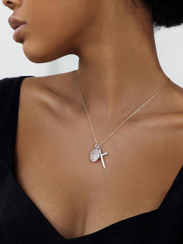 925 Sterling Silver Cross Necklace for Women with Miraculous Medal, 18K Gold Plated Virgin Mary Necklace, Double Pendant Mother Mary Necklaces Christian Jewelry Religious Gift for Her
