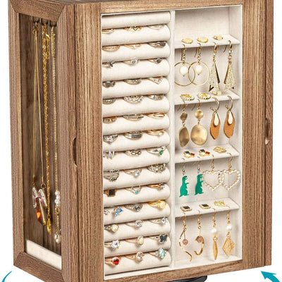 Jewelry Box for Women, Rustic Wooden Jewelry Organizer Box with 5 Drawers, Glass Doors, Vertical Open Desig