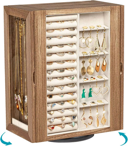 Jewelry Box for Women, Rustic Wooden Jewelry Organizer Box with 5 Drawers, Glass Doors, Vertical Open Desig