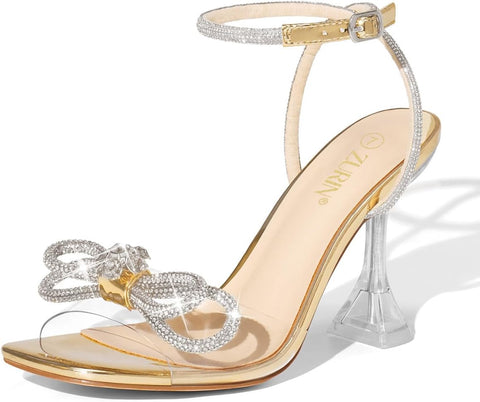 Women'S Rhinestone Bow Heels Square Toe Clear Heeled Sandals 