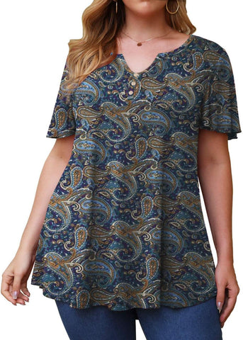 Women'S plus Size Long Sleeve Flowy Henley Shirt V Neck Tunic Tops