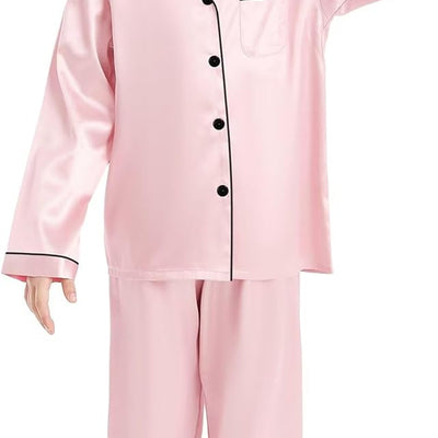 Girls Boys Silk Satin Pajamas Set Button-Down Two-Piece Pjs Lounge Sets with Long Pants