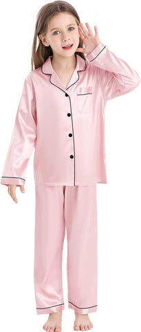 Girls Boys Silk Satin Pajamas Set Button-Down Two-Piece Pjs Lounge Sets with Long Pants