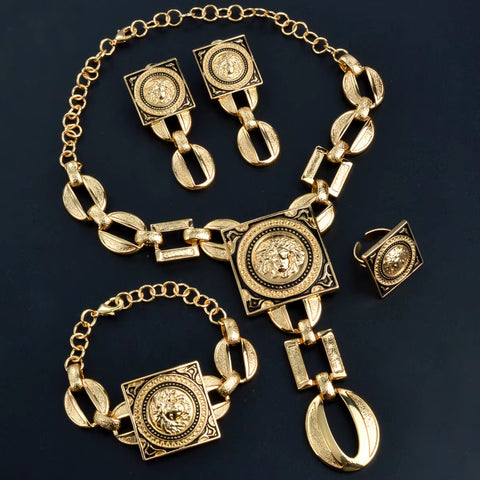 Jewelry Sets for Women 18K Gold Color African Jewellery Chain Necklace Bracelet Earrings Ring Wedding Party Lady Gift