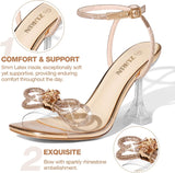 Women'S Rhinestone Bow Heels Square Toe Clear Heeled Sandals 
