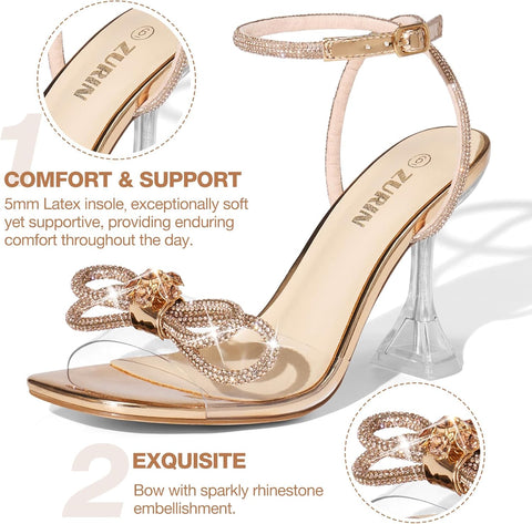 Women'S Rhinestone Bow Heels Square Toe Clear Heeled Sandals 