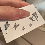 Y2K 6Pcs/Set Silver Color Rhinestone Butterfly Stud Earrings for Women Fashion Punk Heart Earring Sets 2023 Trendy Jewelry Gift