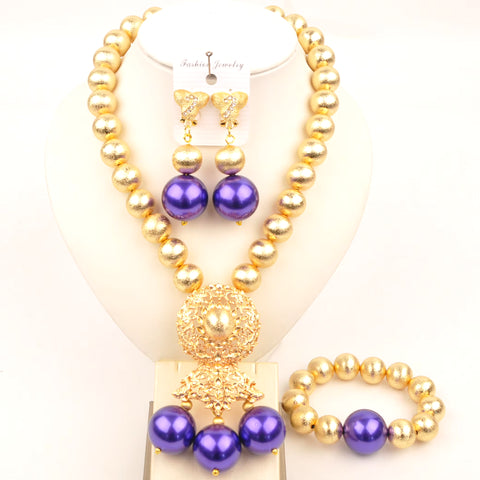 Wedding Jewelry Fashion Purple Glass Pearl Necklace African Wedding Bead Nigerian Bride Wedding Jewelry Set SH-53