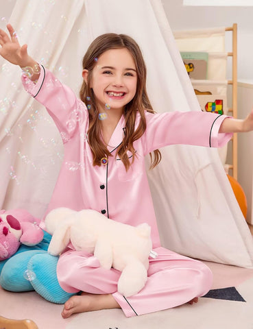 Girls Boys Silk Satin Pajamas Set Button-Down Two-Piece Pjs Lounge Sets with Long Pants