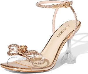 Women'S Rhinestone Bow Heels Square Toe Clear Heeled Sandals 